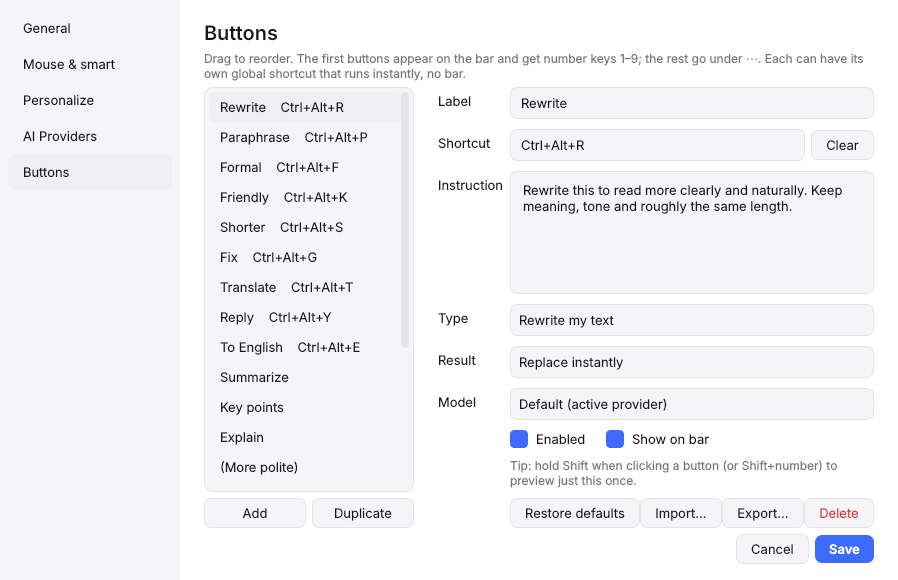 Buttons settings