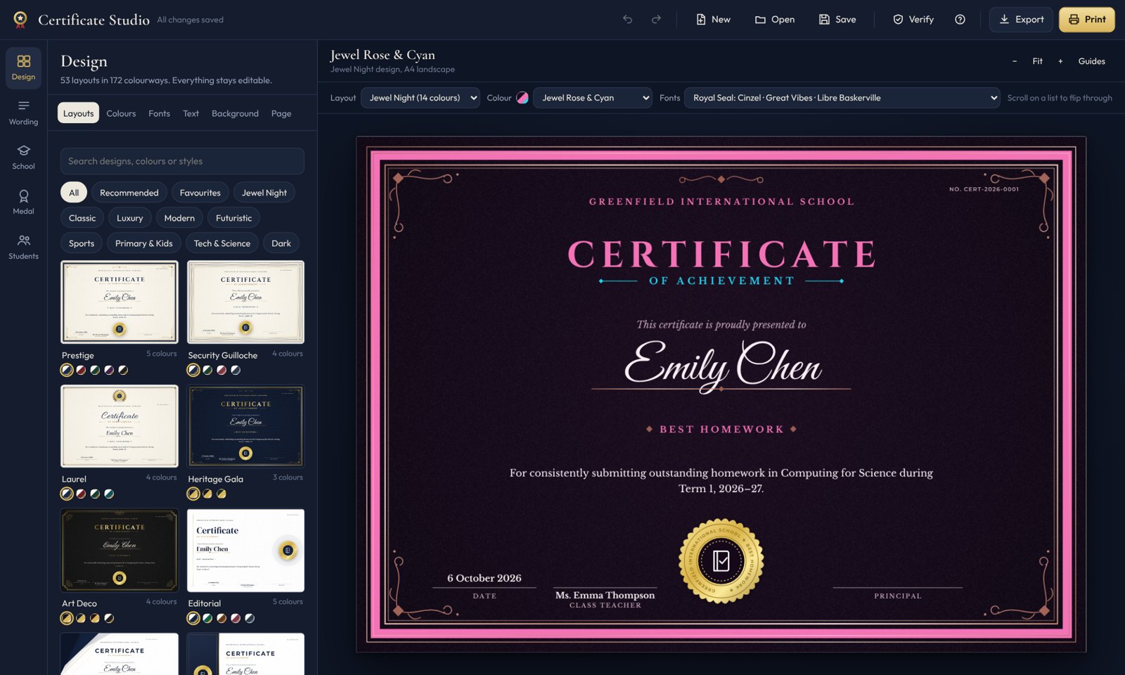 Certificate Studio showing a certificate being designed