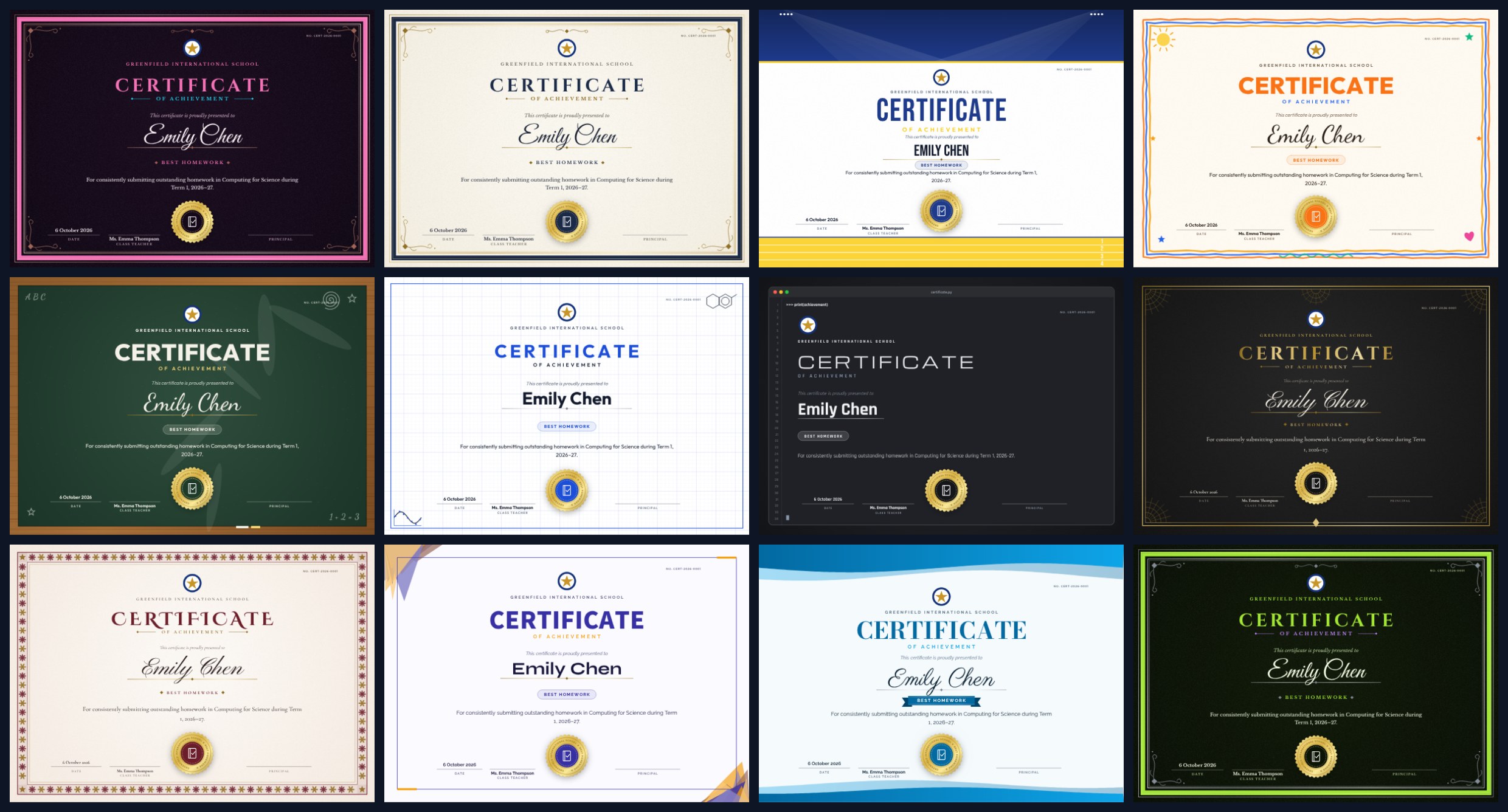 A selection of certificate designs